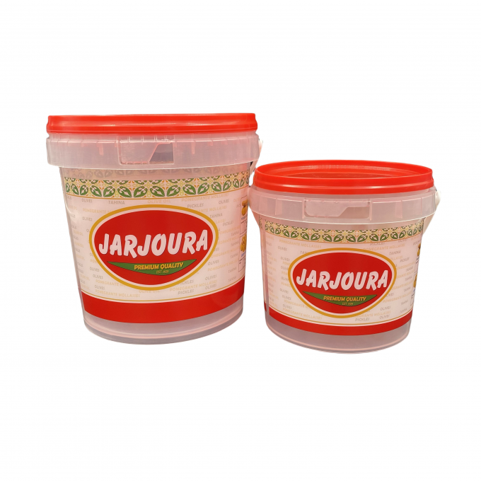 Two 2L transparent jam plastic food buckets with handles and red airtight lids – JM packaging example